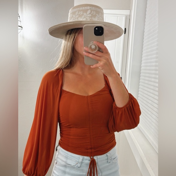 Lulu’s Completed Charmed Ruched Top Crop Top Small Rust Orange - Picture 3 of 15